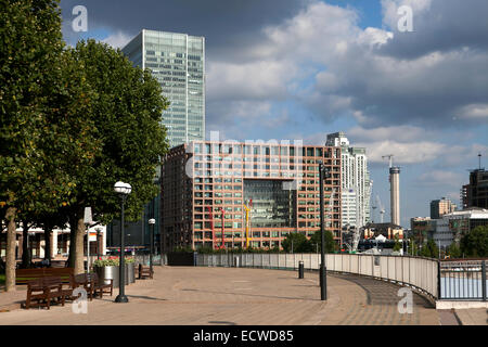 LONDON UK - MAY 15, 2014: View on business district Canary Wharf from old English park, south of London Stock Photo