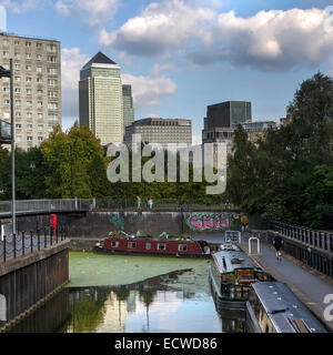 LONDON UK - MAY 15, 2014: View on business district Canary Wharf from old English park, south of London Stock Photo