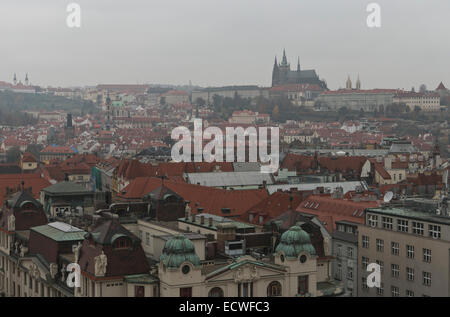 View from the Old Town Hall towards Hradčany, the Castle District, with Prague Castle and St. Vitus Cathedral, Prague, Bohemia, Stock Photo
