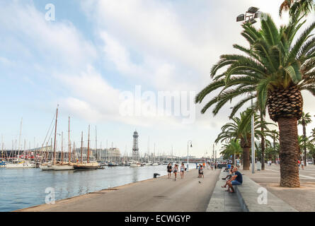 Barcelona, Spain - August 26, 2014: Vista port view with coastal road, palms and walking people Stock Photo