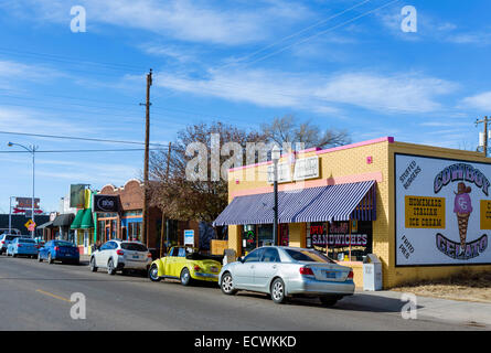 Stores and restaurants on old Route 66 in the historic 6th Street district, Amarillo,Texas, USA Stock Photo