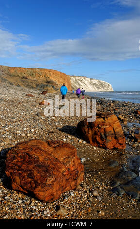 Swirls of seawater have eroded fallen rocks on the beach of Sandown Bay, Isle of Wight Stock Photo