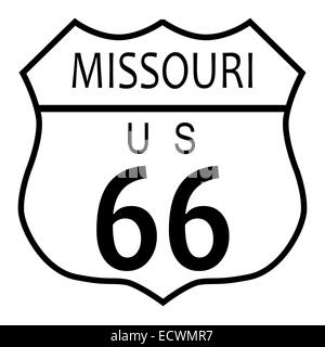 Route 66 traffic sign over a white background and the state name Missouri Stock Photo