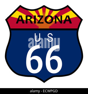 Route 66 traffic sign over a white background and the state name Arizona Stock Photo