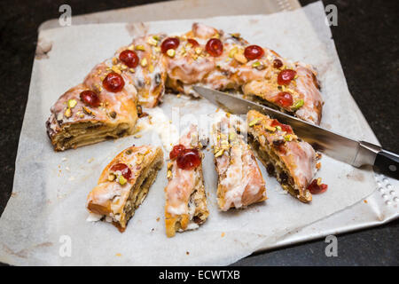 Mincemeat and marzipan couronne with glacé cherries decoration as featured in the Great British Bake Off Christmas Masterclass with Paul Hollywood Stock Photo