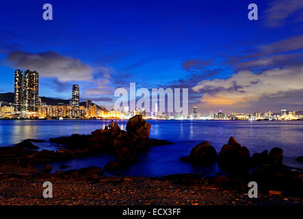 Hong Kong Sunset, Yau Tong Lei Yue Mun water bay and lighthouse Stock Photo