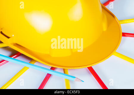 Drawing Pencil and Protective Helmet Nobody Stock Photo