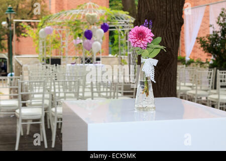 Purple dahlia in a vase at a wedding reception Stock Photo