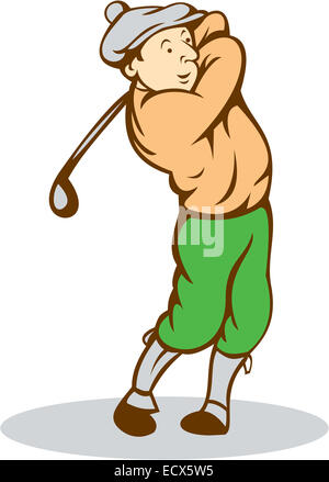 Illustration of a golfer playing golf swinging club tee off set on isolated white background done in cartoon style. Stock Photo