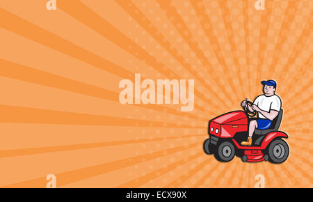 Business card showing illustration of male gardener riding mowing with ride-on lawn mower facing side done in cartoon style on isolated white background. Stock Photo