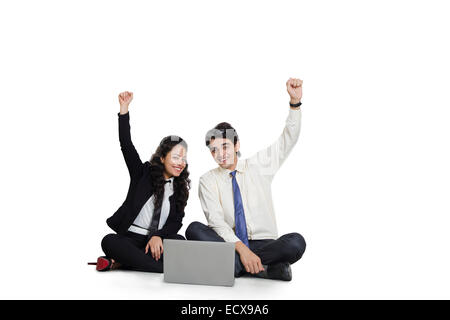 2 indian Business Employee Colleague laptop working Stock Photo