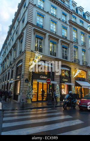Paris, France, Christmas Shopping, Outside Street Scenes, Night, Luxury Shops, Cartier Jewelry, ('Rue Faubourg Saint Honoré') Winter Evening Stock Photo