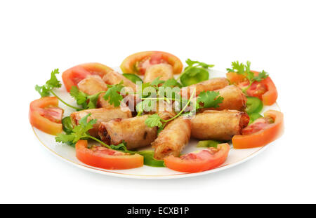 Plate of fried seafood spring rolls isolated on white Stock Photo