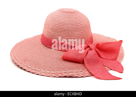 Pink straw hat with bow isolated on white Stock Photo