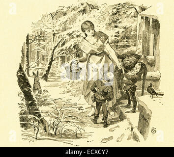 In 1812, the Grimm brothers, Jacob and Wilhelm, published Children and Household Tales, a collection German fairy tales. This illustration accompanied the tale 'The Three Little Men in the Wood' (also Three Dwarfs) and shows the three little men with the stepdaughter, whom the wicked queen had dressed in paper and told to go pick strawberries. She befriends and is kind to the men who, in turn, help her marry a king. This image is from Grimms Eventyr (Grimm's Fairy Tales) by Carl Ewald, published in 1922. The frontispiece has the illustrations by Philip Grot Johann and R. Leinweber. Stock Photo