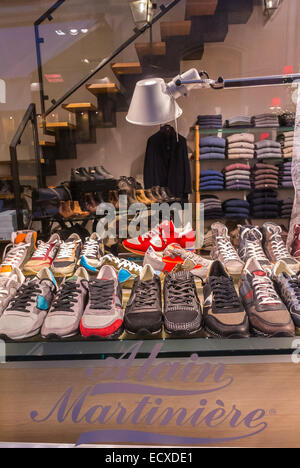 Paris, France, Detail, Sneakers in Window, Men's CLothing Shop, 'Village Royale C. Berryer' Night 'Alain Martiniere' Shopping Shoes shoe sale sneakers store in Stock Photo