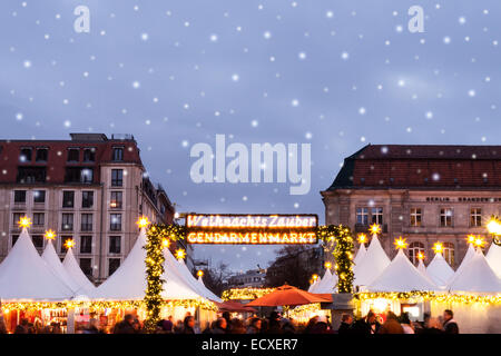 christmas market on gendarmenmarkt in berlin with snowflakes Stock Photo