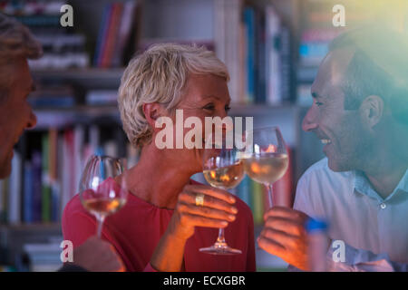 Older friends toasting each other with white wine Stock Photo