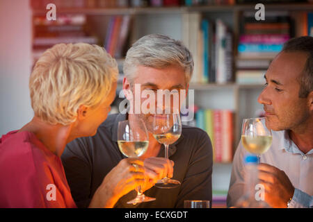 Older friends tasting white wine Stock Photo
