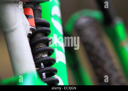 Close up of motorcycle shock absorber on back wheel Stock Photo