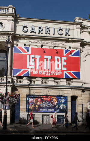 Beatles show 'Let it Be' advertised on the façade of the Garrick Theatre in Charing Cross Road, London Stock Photo