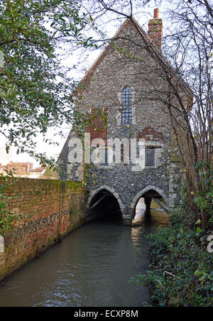 Greyfriars Chapel, seen from a footbridge over the River Stour, Cantrtbury, Kent, UK. Stock Photo
