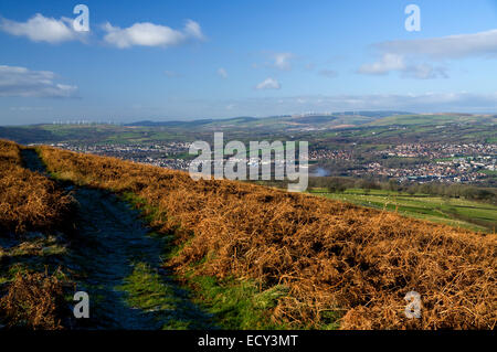 View looking north from The Garth Mountain above Taffs Well, South Wales, Valleys, UK. Stock Photo