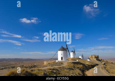 Windmills and Caballeros de San Juan de Jerusalén Castle, 12th century, Consuegra, province of Toledo, Route of Don Quixote Stock Photo