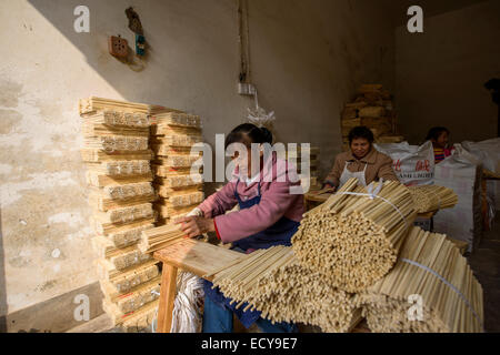 Chopsticks factory and workers in Sichuan province, China Stock Photo