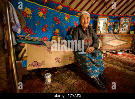 Mongolian nomad inside her ger, Mongolia Stock Photo - Alamy