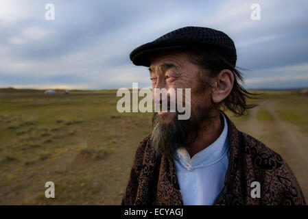 Mongolian shepherd on the Gobi desert, Mongolia Stock Photo