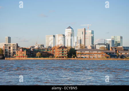 River Thames and Canary Wharf skyscrapers in eastern London, United Kingdom
