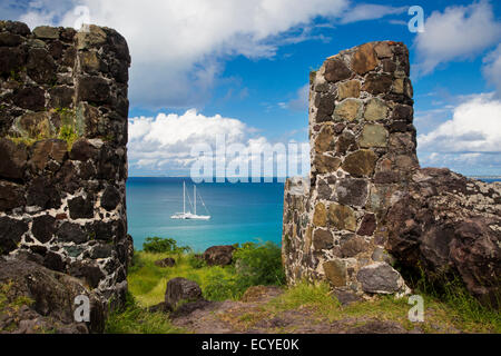 Fort Saint Louis overlooking sailboat in Marigot Bay, Marigot, Saint Martin, West Indies Stock Photo