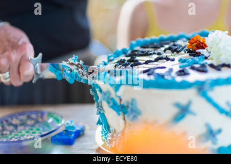 Woman cutting birthday cake at party Stock Photo