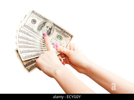 Woman’s hand holding 100 US dollar banknotes, isolated on white background Stock Photo