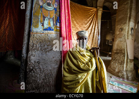 Priest at Abba Yohanni rock-hewn church, Tigray, Ethiopia Stock Photo