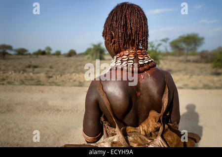 Hamar woman with ochre hair and decorations, Omo Valley, Ethiopia Stock Photo