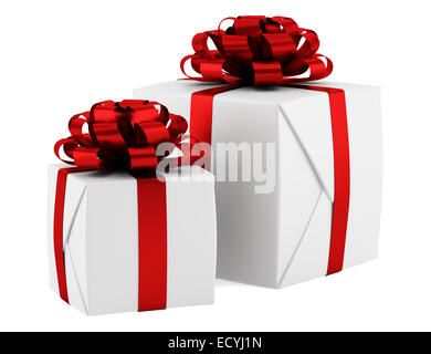White gift boxes with red ribbons isolated on white background. 3d ...