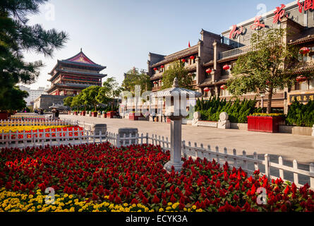 Xi'an Drum Tower and hotels at the city downtown, Shaanxi, China 2014 Stock Photo