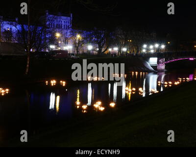 Riga park view at night with lights on water Stock Photo