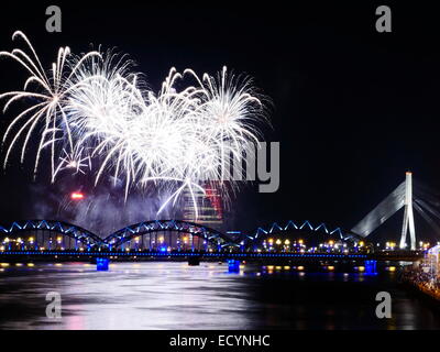 Fireworks in Big Eeuropean city Riga, Independence day Stock Photo