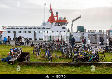 Ferry port on North Sea island Spiekeroog, Lower Saxony, Germany, Europe, connection to the main land, passenger ferry boat, Stock Photo