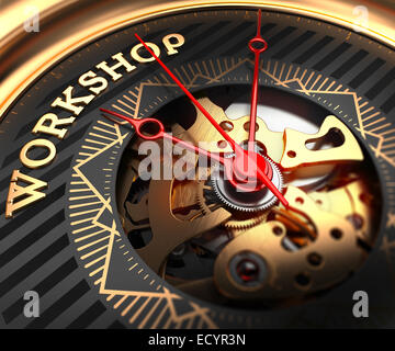 Workshop on Black-Golden Watch Face. Stock Photo