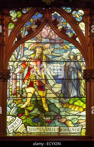 Detroit, Michigan - Stained glass depicts LaSalle's arrival in Detroit in about 1679. Stock Photo