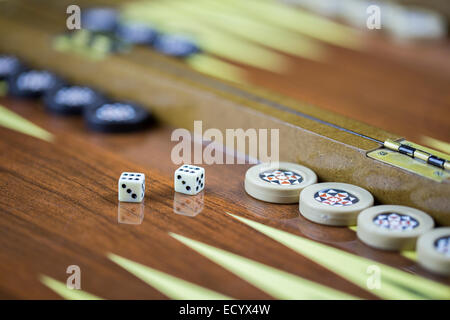 Backgammon table and double six dice closeup Stock Photo