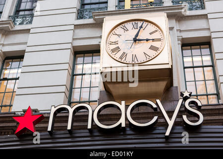 Macy's department store logo and clock on Herald Square December 16, 2014 in New York City, NY. Stock Photo