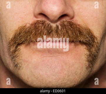 close up of mans face with one month old movember mustache Stock Photo