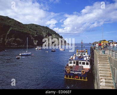 Isle of Sark ferry in Maseline Harbour, Greater Sark, Sark, Bailiwick of Guernsey, Channel Islands Stock Photo