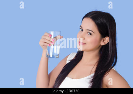 indian Beautiful  Lady Drinking Water Stock Photo