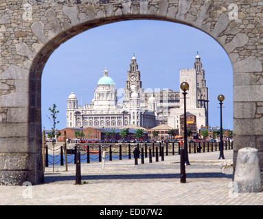 Liverpool's Three Graces from Albert Docks, Liverpool, Merseyside, England, United Kingdom Stock Photo